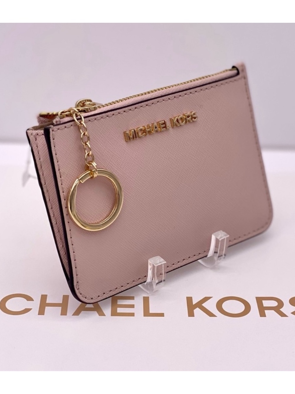 Michael Kors  Pink Saffiano Leather Zip Card Holder with Key Ring